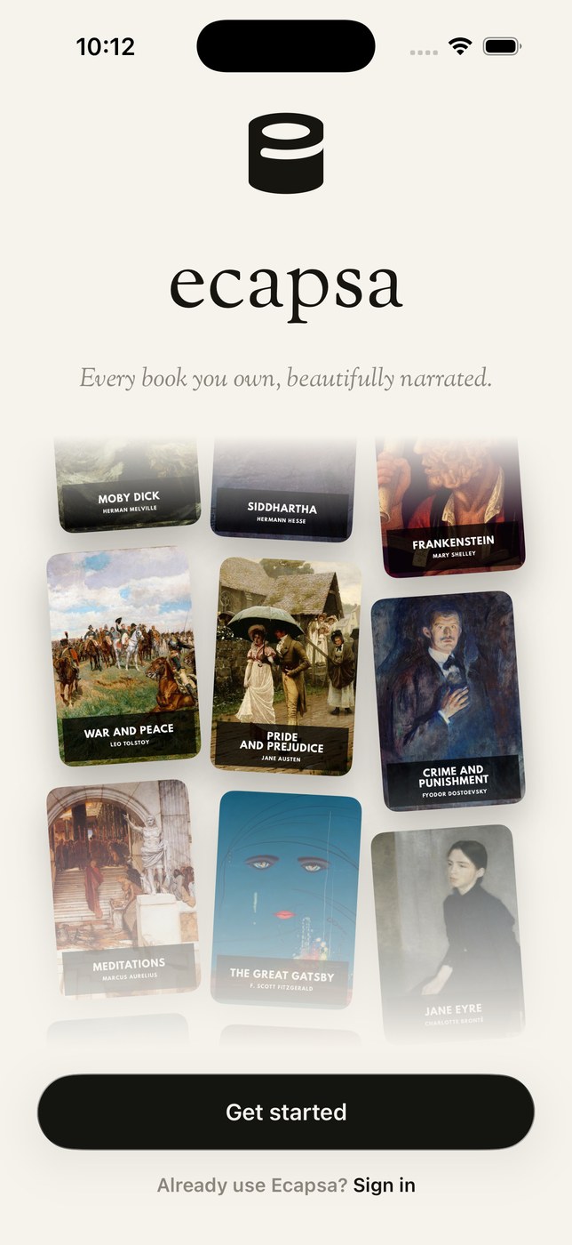 The Ecapsa welcome screen: the ecapsa logo above a wall of classic book covers